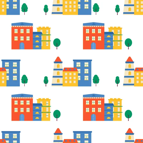 シームレスなパターンの家や通り 建物の屋根 子供のテキスタイル 包装紙 テキスタイルデザインのためのかわいい街並みのカラフルな背景 町や木のベクトル背景 — ストックベクタ