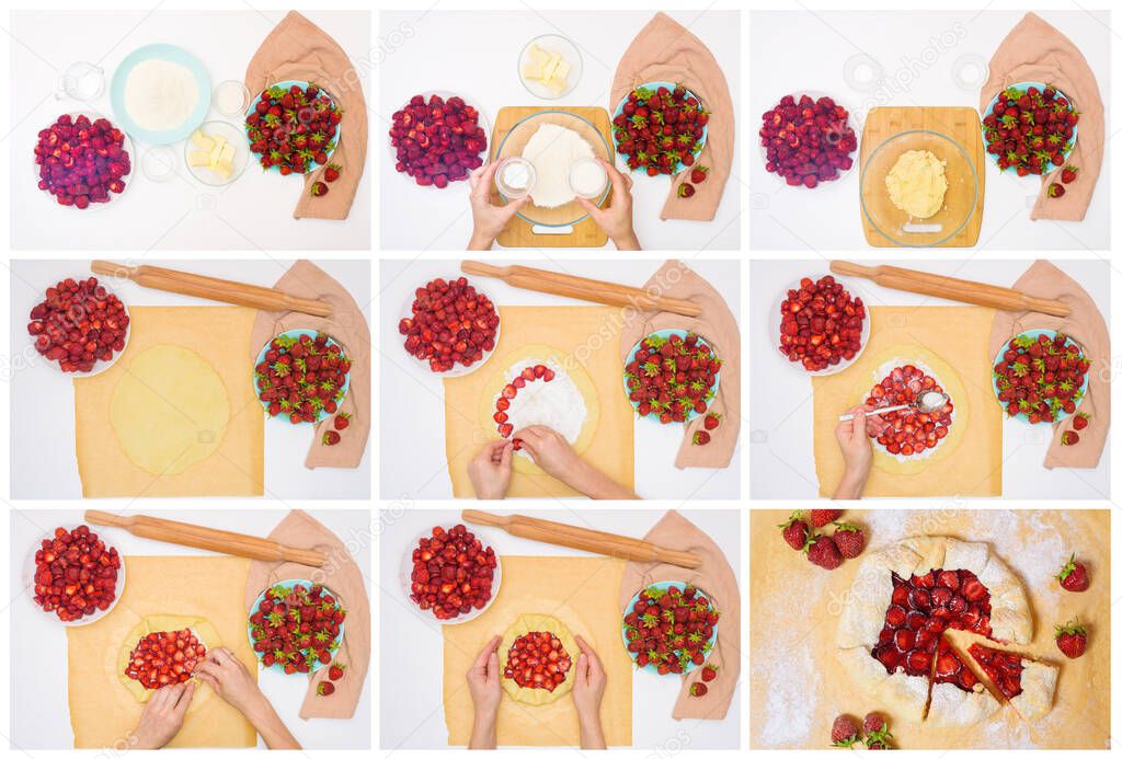 step by step recipe the process of making galetta with strawberries at home, top view on a light background, ingredients for strawberry pie.