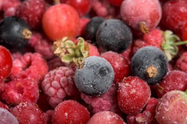 donmuş kiraz, ahududu, kuşüzümü torbalarda, yukarıdan yakından görüntü..