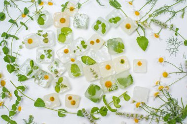 Papatyalı kozmetik buz küpleri ve evde bakım için nane şekeri yüz için kullanılır. Cilt bakımı kavramı. Hafif arka planda bitkilerle kozmetik ürünleri