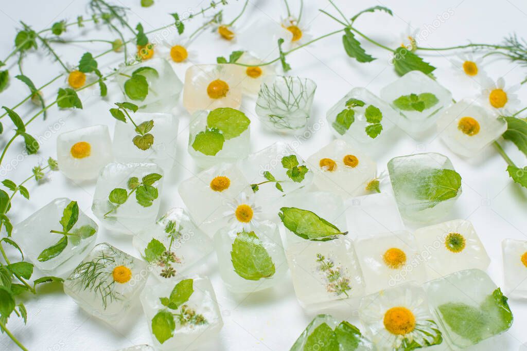 cosmetic ice cubes with chamomile and mint for home care applies to the face. The concept of skin care. cosmetics with herbs on a light background