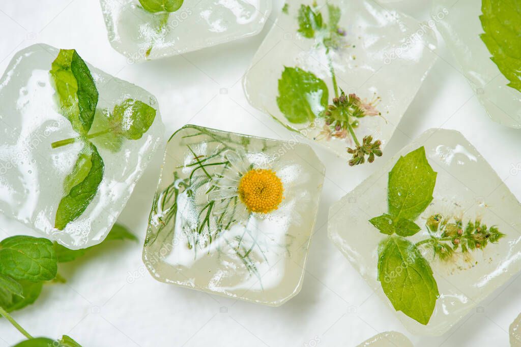 cosmetic ice cubes with chamomile and mint for home care applies to the face. The concept of skin care. cosmetics with herbs on a light background