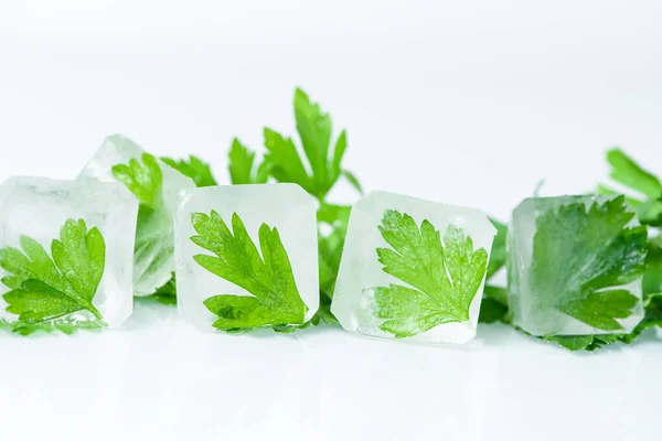 cosmetic ice cubes with parsley for home face and body care, self-care, Spa treatments, skin detox, natural organic cosmetics at home.