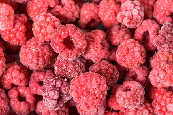 Fond Framboises Congelées Baies Fraîches Couvertes Gel Vue Dessus Macro — Photo