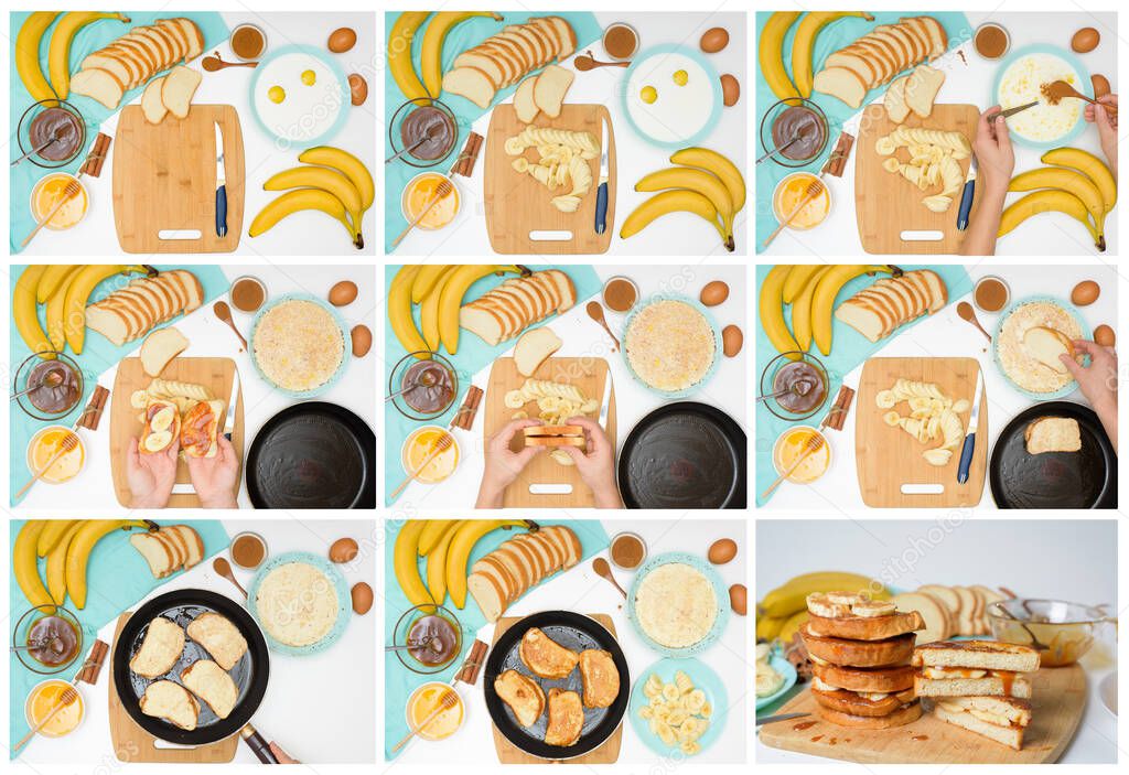 step by step recipe portioned French toast with banana and caramel homemade with cinnamon, dessert on a blue plate on a light background. ingredients for making homemade toast