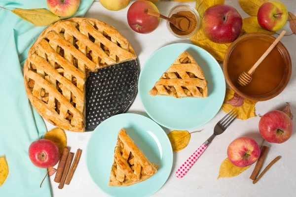 Herbstbackkonzept Kochen Backen Traditionellen Herbst Apfelkuchen Licht Hintergrund Kopierraum Hausgemachtes — Stockfoto