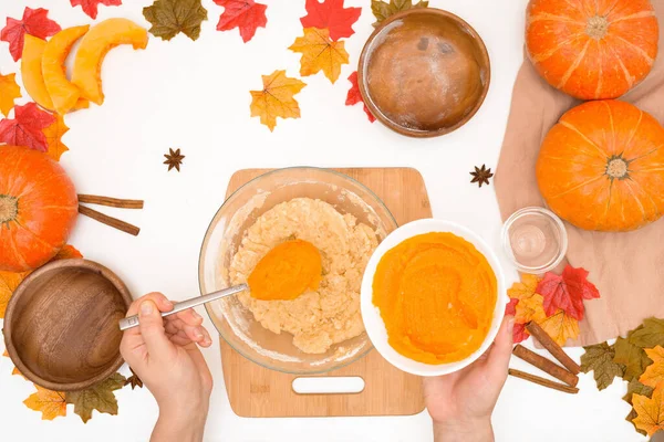 Recipe Ingredients Cooking Autumn Pumpkin Cupcakes Top View Light Background — Stock Photo, Image