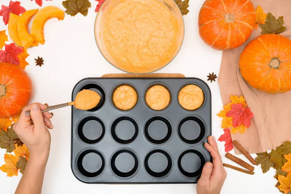 Recette Ingrédients Pour Cuisiner Des Cupcakes Citrouille Automne Vue Dessus — Photo