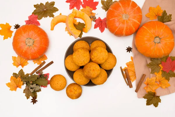 Recette Ingrédients Pour Cuisiner Des Cupcakes Citrouille Automne Vue Dessus — Photo