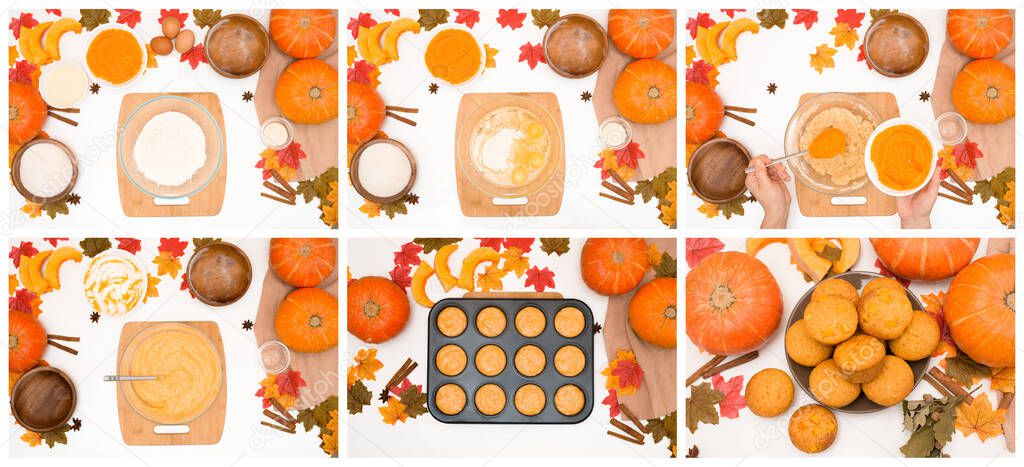 step by step recipe and ingredients for cooking autumn pumpkin cupcakes . top view on a light background. fresh cupcakes on a plate in the middle with pumpkins.