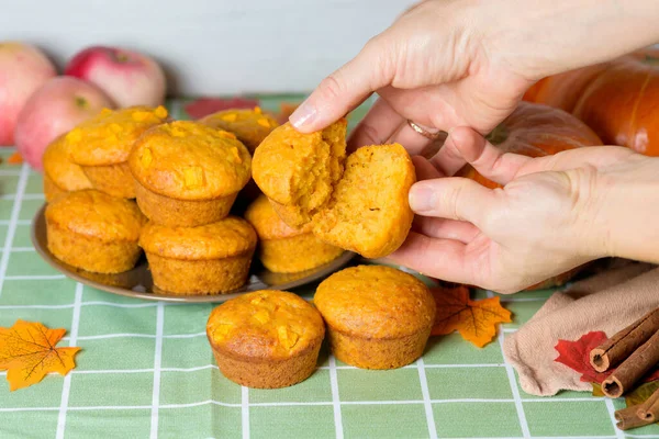 Cupcakes Abóbora Outono Com Abóbora Fresca Para Dia Ação Graças — Fotografia de Stock