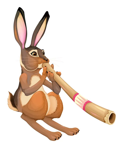Lepre Buffa Sta Giocando Con Didgeridoo Cartone Animato Isolato Vettoriale — Vettoriale Stock