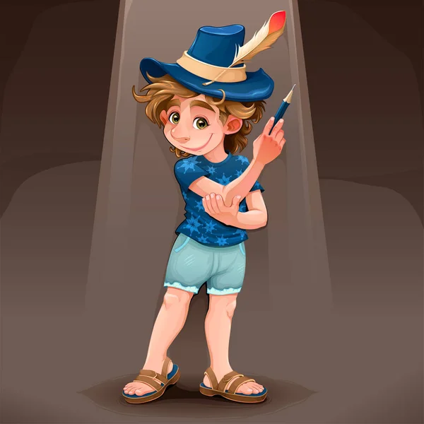 Bambino Mago Con Cappello Blu Illustrazione Del Cartone Animato Vettoriale — Vettoriale Stock