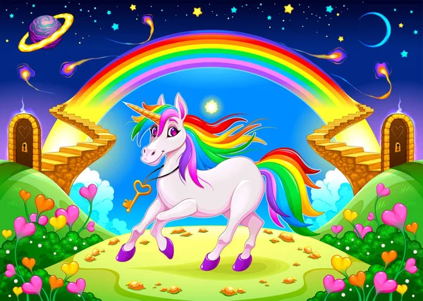 Regenbogen Einhorn Einer Fantasielandschaft Mit Goldenen Treppen Vektorillustration — Stockvektor