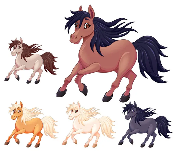 Conjunto Diferentes Cavalos Desenho Animado Caracteres Isolados Vetoriais — Vetor de Stock