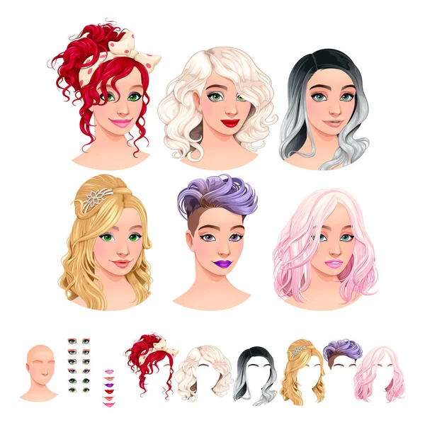 Avatars Féminins Mode Coiffures Maquillages Bouches Tête Pour Combinaisons Multiples — Image vectorielle
