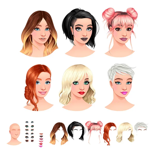 Avatares Femeninos Moda Peinados Maquillaje Bocas Cabeza Para Múltiples Combinaciones — Archivo Imágenes Vectoriales