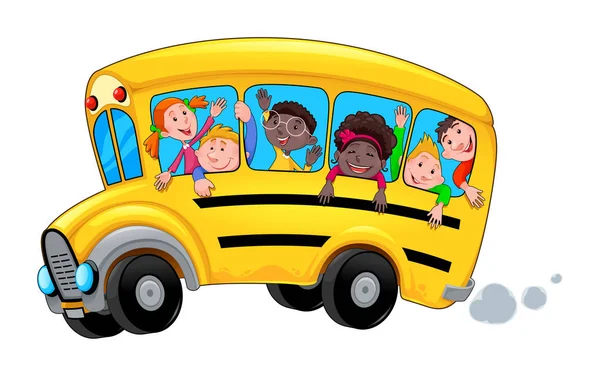 卡通校车与快乐的儿童学生 矢量隔离对象 — 图库矢量图片