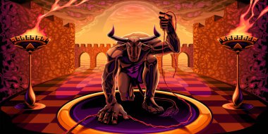 Elinde bir filament ile Minotaur labirent. Mitolojik vektör çizim