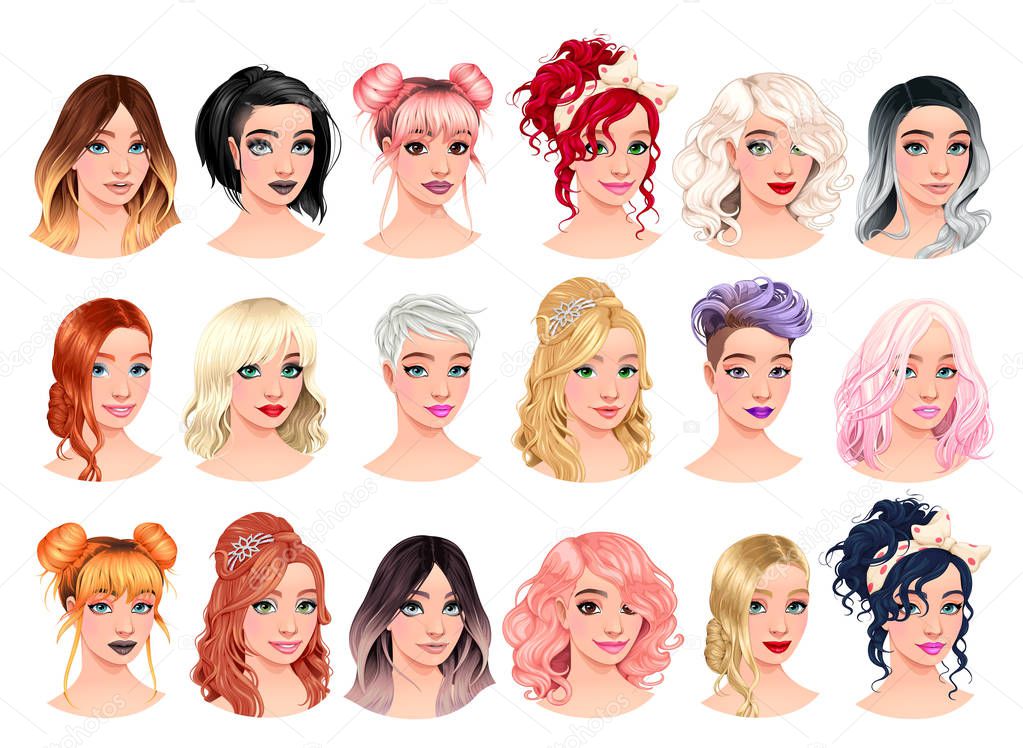 Set of fashion female avatars. Vector file, isolated characters.