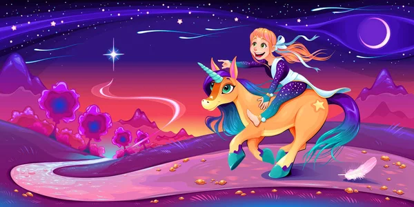 Chica Feliz Está Montando Unicornio Siguiendo Estrella — Archivo Imágenes Vectoriales