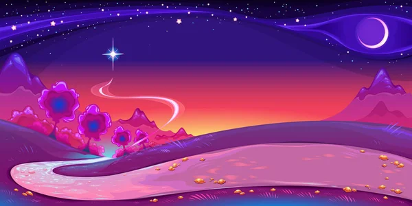 Paisaje Nocturno Con Una Gran Estrella Cielo Vector Fantasía Ilustración — Vector de stock