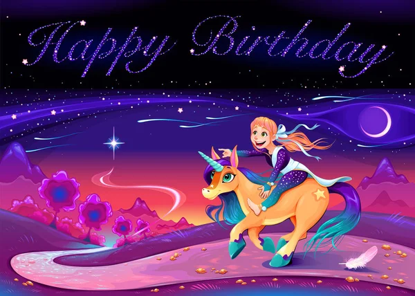 Happy Birthday Card Girl Riding Unicorn Vector Cartoon Illustration — Stock Vector