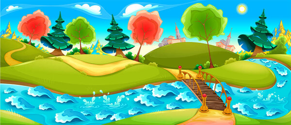 Funny Landscape River Trees Town Horizon Vector Cartoon Illustration — Stock Vector