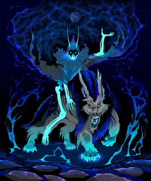 来自月球的噩梦 狼人和发光的骨架在夜间场景 矢量恐怖幻想插图 — 图库矢量图片