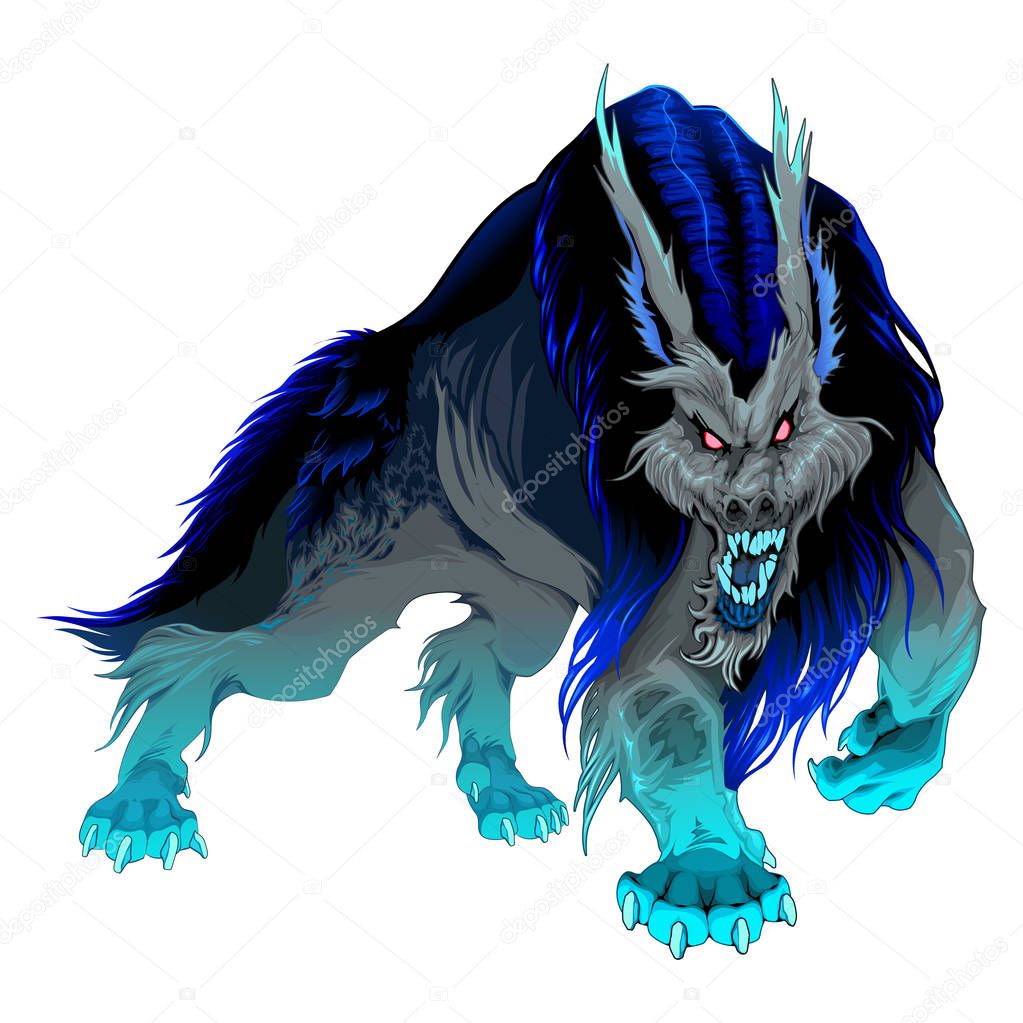 Furious werewolf with black and blue mane. Vector isolated horror character.