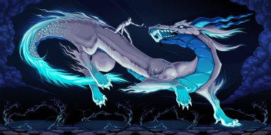 Senin dragon tabidir. Canavar uysal bir sihirbaz temsil eden kavramsal fantezi illüstrasyon vektör.