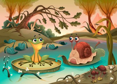 Friendship between frog and snail.  Vector cartoon illustration clipart
