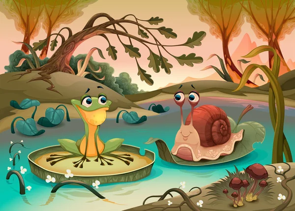 Φιλία Μεταξύ Frog Και Σαλιγκαριών Καρτούν Εικονογράφηση Φορέα — Διανυσματικό Αρχείο