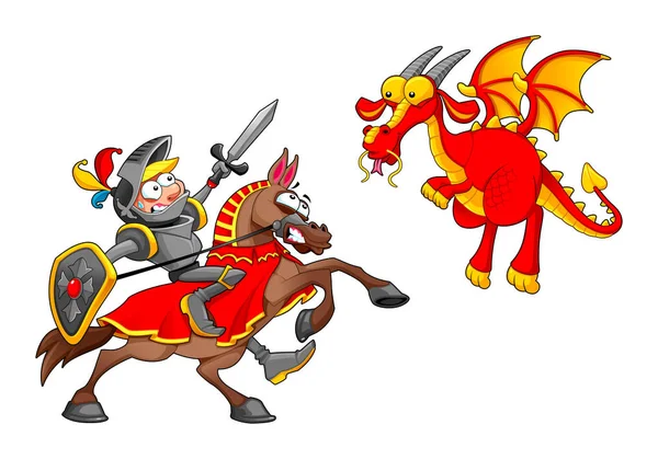 骑士骑着马与龙战斗 滑稽的动画片中世纪幻想被隔绝的向量字符 — 图库矢量图片