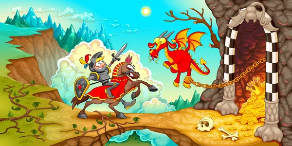 骑士在山间的风景中用宝藏与龙战斗 滑稽的动画片中世纪幻想向量例证 — 图库矢量图片