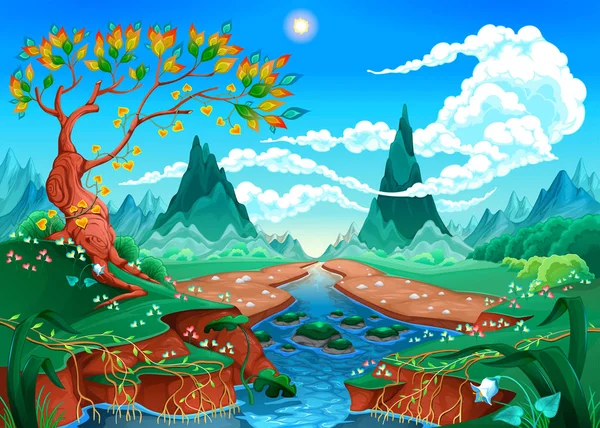 Naturlandschaft Mit Fluss Baum Und Bergen Vektorillustration — Stockvektor