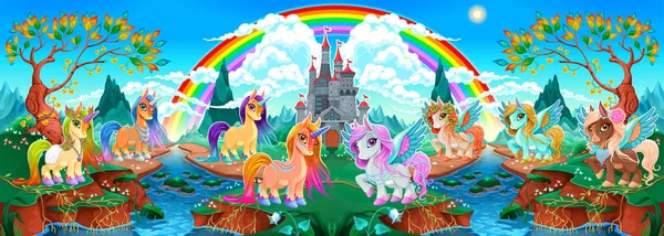 Grupos de unicornios y pegasus en un paisaje de fantasía — Vector de stock