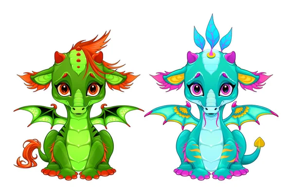 Bébé dragons avec des yeux mignons et sourire — Image vectorielle