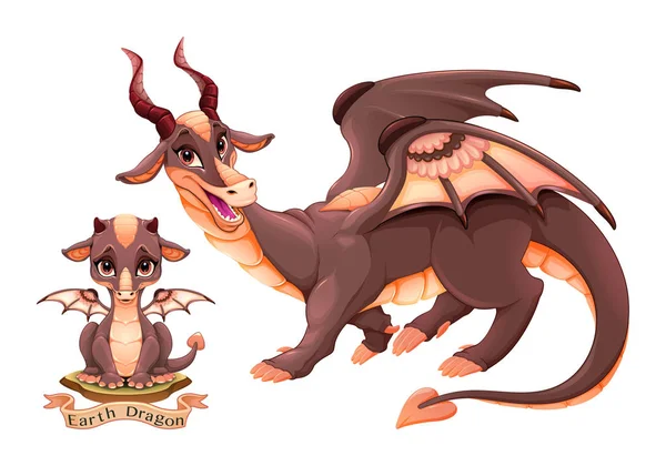 Dragon of Earth element w dwóch wariacji, szczeniak i dorosły — Wektor stockowy