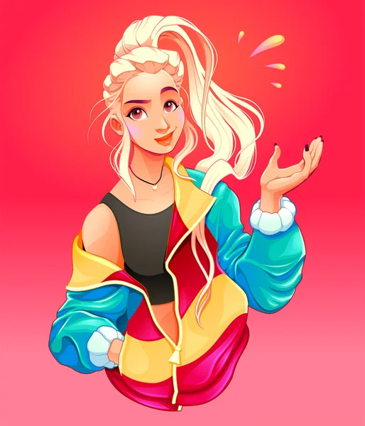 Chica de moda con suéter cremallera grande posando y sonriendo — Vector de stock