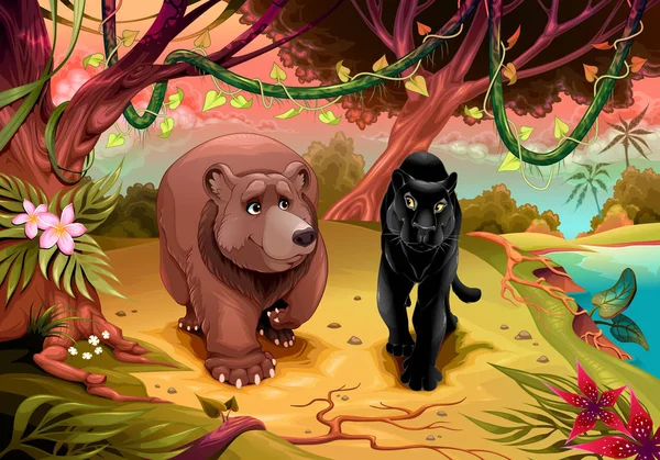 Bear and black panther walking together in the forest — Stock vektor