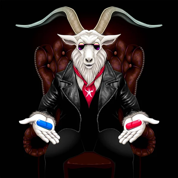 La cabra billy está ofreciendo las píldoras azules y rojas — Archivo Imágenes Vectoriales