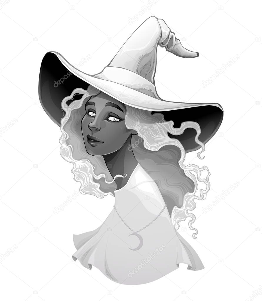 Portrait of a witch in gradients of gray. Vector halloween isolated character.