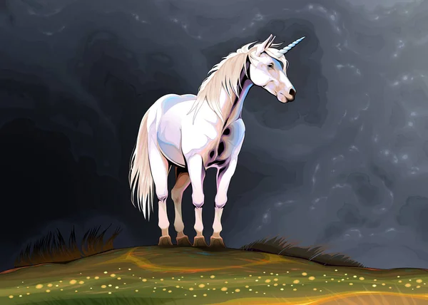Unicorn Sendirian Alam Ilustrasi Fantasi Vektor - Stok Vektor