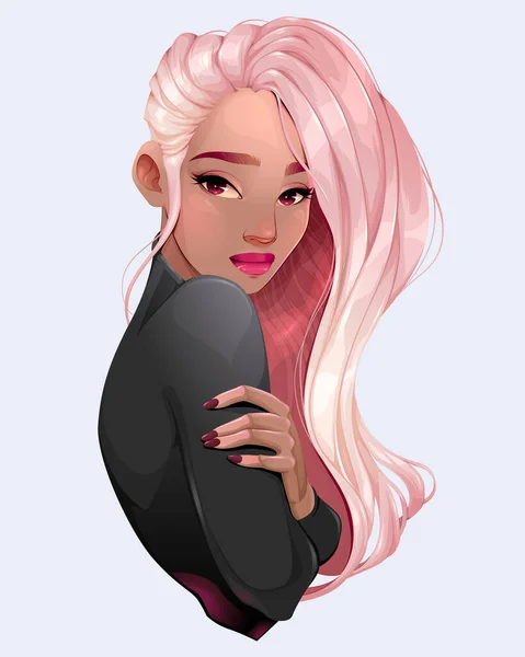 ピンクの髪の美しい女性の肖像画 ベクトル漫画イラスト — ストックベクタ