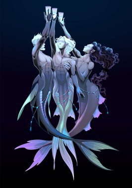 Three of cups, tarot card. Group of mermaids. Vector fantasy illustration clipart