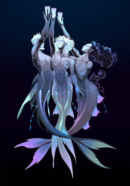 Three of cups, tarot card. Group of mermaids. Vector fantasy illustration