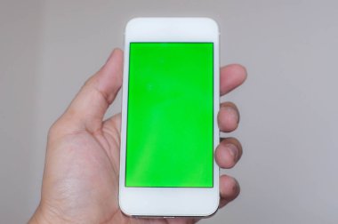 Genç adam bir akıllı telefon ile yeşil perde holding