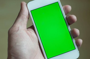 Genç adam bir akıllı telefon ile yeşil perde holding