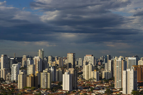 View at modern courtyard. Facade of modern building. Sao Paulo city, Brazil.